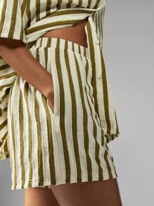 MISSGUIDED 条纹短裤夏季度假装休闲宽松海滩度假日地中海风格舒适短裤 - 綠色 - 查看 3