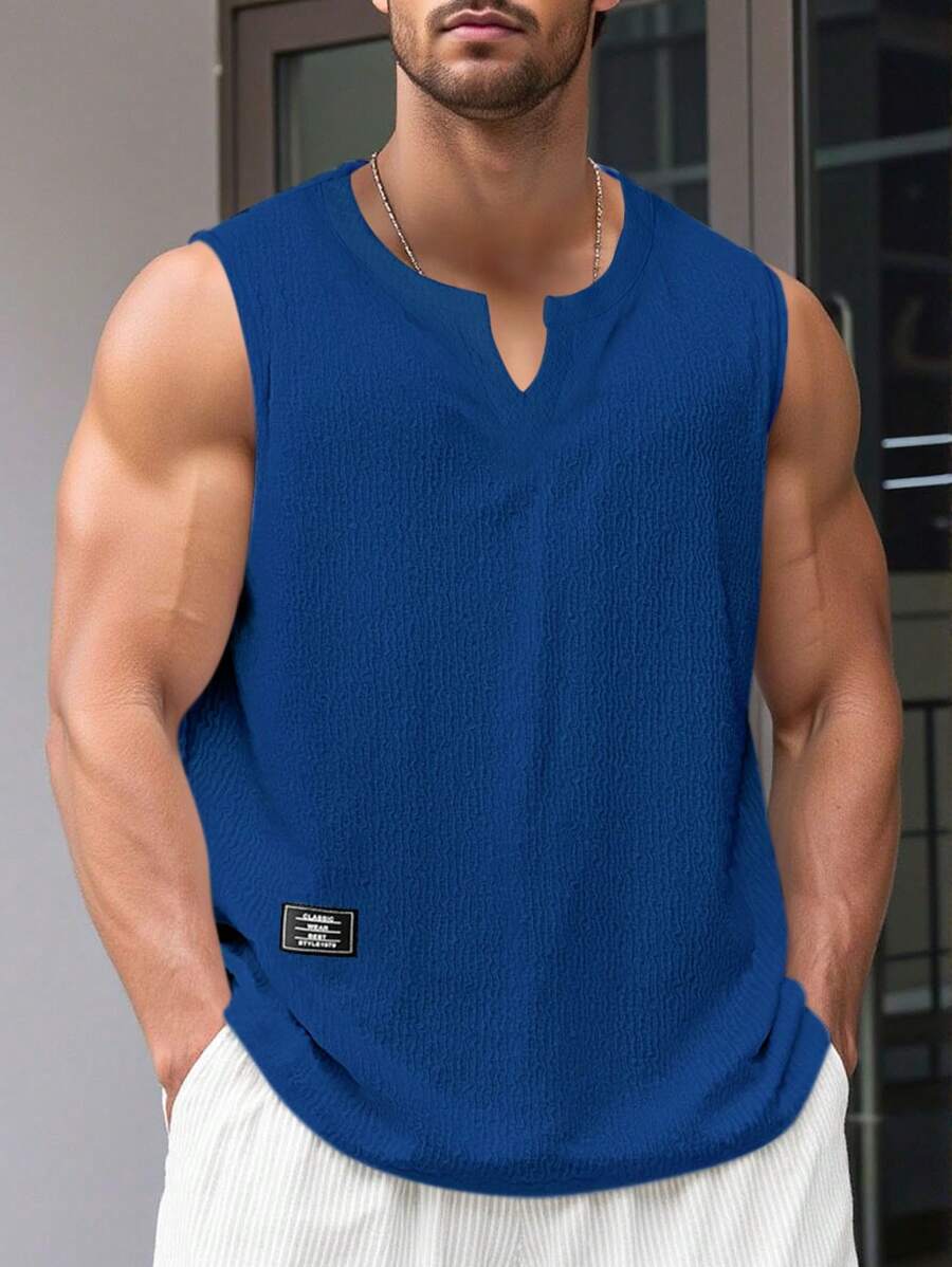 Manfinity Homme Men's Summer Casual Solid Color Notched-Neck Tank Top Men Muscle Shirts Men Sleeveless Men Tops Sleeveless, Holiday - Blue - View 1