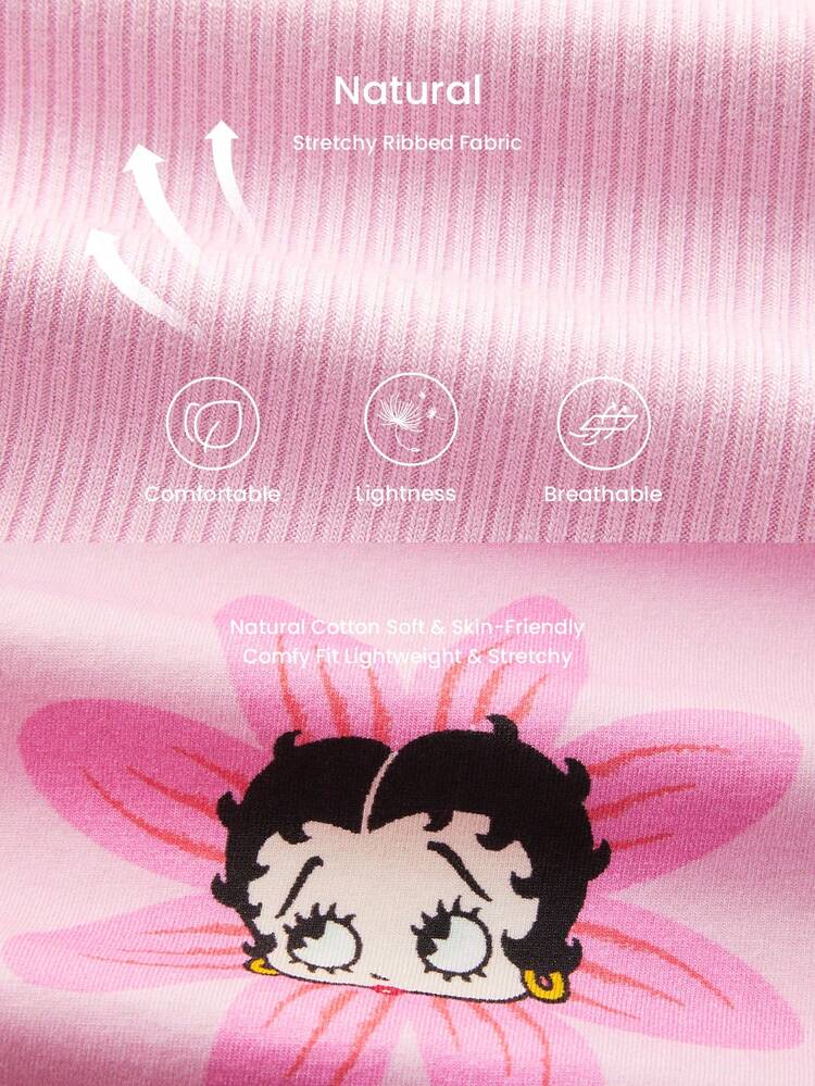 BETTY BOOP X LUVLETTE Ensemble de vêtements de détente en coton doux X LUVLETTE avec pantalon rose à motif, manches courtes et poches. Sous-vêtements intimes pour mariée