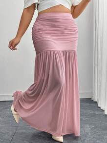 SHEIN Clasi Falda elegante de talla grande para mujer con detalle fruncido y bajo de cola de pez en unicolor - Rosa - Ver 7