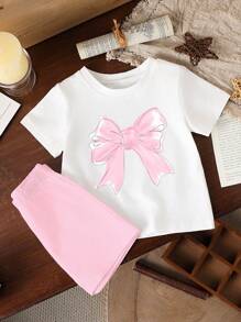 Baby Girl Casual Simple Pattern Short Sleeve Round Neck T-Shirt & Shorts Set, Suitable For Summer - White - View 3