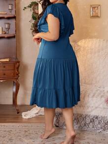 Côtesoire Plus Size Summer Ruffle Color Block Cap Sleeve Nightgown - Teal Blue - View 2