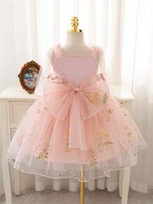 SHEIN Glamorique Kids Vestido de dama de honor, fiesta de cumpleaños, boda, festival - Vestido para niñas con tirantes, malla rosa, lazo delantero, bordado de malla, falda abullonada. Perfecto para actuaciones en el escenario, asistir a fiestas o eventos especiales, y tomar fotos artísticas para verse natural y hermoso. Para uso habitual en las cuatro estaciones.