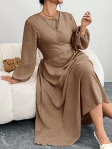 Modelyn Plus Size Simple Elegant Textured Lantern Sleeve Dress - Khaki - View 6