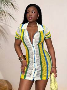 Slaydiva 女士彩色条纹镂空单排扣短袖修身针织连衣裙 - 彩色 - 查看 8