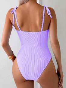 SHEIN Swim 1pc Women's Beach Vacation Stripe Pattern Spaghetti Strap Swimsuit For Summer - Mauve Purple - View 2
