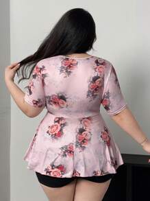 Vibekara 1 件大码女式方领、蝴蝶结领带、优雅图案印花 A 字短袖 T 恤