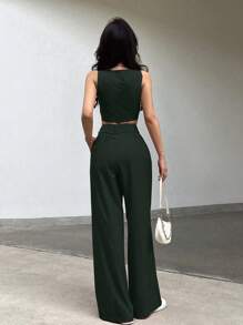 INAWLY Conjunto de 2 piezas informal de mujer compuesto por chaleco corto de un solo abotonamiento de unicolor y pantalones - Verde - Ver 2