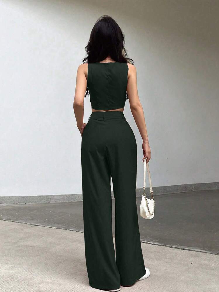 INAWLY Women's Solid Color Single-Breasted Cropped Vest And Pants Casual 2 Pieces Set - Green - View 2