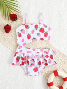 Baby Girl Cute Strawberry Print Waist Cutout Ruffle One-Piece Swimsuit - Multicolor - View 4