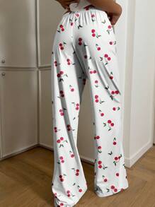 CovetEZ Women's Casual Minimalist Low Waist Straight Leg Pants, Cherry Print, Suitable For Summer, Loungewear Suitable For Going Out Fall Clothes Winter Clothes