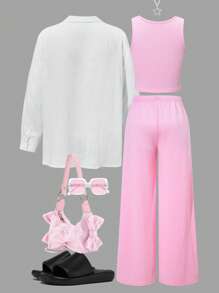 3pcs Tween Girls' Light Weight Long Sleeve Shirt With Camisole And Pants Set, Casual Comfortable Outfit For Spring/Summer - Pink - View 3