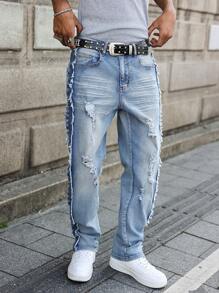 Manfinity EMRG Men's Pocket Distressed Frayed Edge Straight Leg Casual Jeans - Blue - View 7