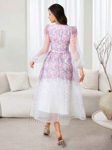 Modelyn Women V-Neck Long Sleeve Printed Elegant Simple Arabian Dress - Multicolor - View 2