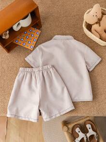 SHEIN 2pcs/Set Young Boys Casual College Style Letter Print Half-Zip Short Sleeve Shirt And Shorts Set,Comfortable Soft Fashion Summer School Outfits - Khaki - View 4