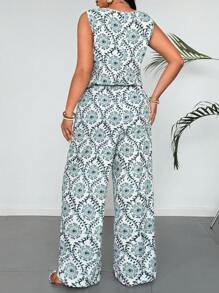 SHEIN LUNE 春夏假日无袖印花松紧腰连体裤 - 彩色 - 查看 2