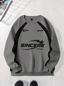 Manfinity Roghcode Men's Letter Print Raglan Sleeve Pullover Sweatshirt, Casual Autumn