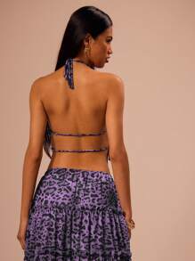 MUSERA Leopard Print Chiffon Shirred Soft Halter Neck Crop Top Festival Srping Summer Elegant Holiday - Lilac Purple - View 2