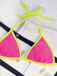 Swim Mod Conjunto de bikini de 2 piezas, con top de tirantes finos y cuello halter en bloques de color, corte regular, set de bikini de temporada para mujer con shorts de nado con lazos laterales