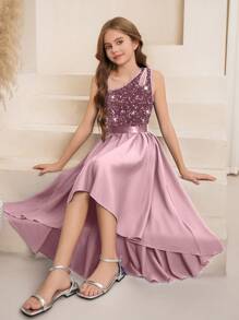 SHEIN Flower Girl High-End Sequin One Shoulder Cutout A-Line Uneven Hem Mid-Length Dress, Suitable For Weddings, Formal Events, Birthday Parties - Pink - View 3