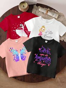 SHEIN 4件套 女童可爱蝴蝶字母印花短袖T恤 夏季热门上衣 学校、校园、大学感恩节 - 彩色 - 查看 3