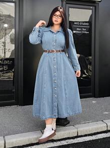 SHEIN EZwear Plus Size Casual Washed Snap Front Puff Sleeve Denim Dress - Light Wash - View 1