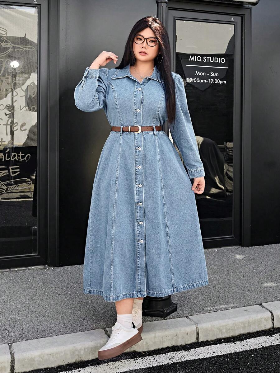 SHEIN EZwear Plus Size Casual Washed Snap Front Puff Sleeve Denim Dress - Light Wash - View 1