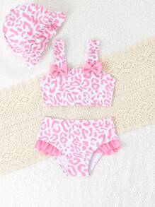 3pcs Baby Girl Leopard Print Bikini Set, Including Adorable Plaid Cap, Bathing Suits For Baby Girl - Multicolor - View 5