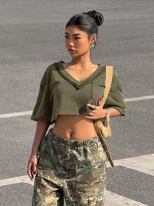 SHEIN EZwear Áo thun dệt kim ngắn màu xanh ô liu thường ngày dành cho nữ, mùa hè - xanh quân đội - Xem 5