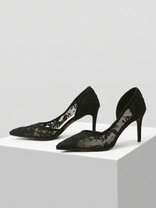 MOTF PREMIUM LACE MESH POINTED TOE STILETTO HIGH HEEL PUMPS FOR CHRISTMAS - Black - View 4