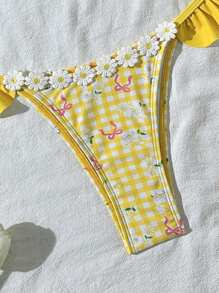 Swim Mod Women Summer Beach Vacation Sweet Cute Daisy Decor Bowknot Plaid Print Ruffle Swimsuit Set