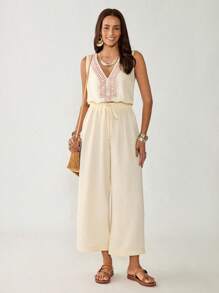 Florisole Women's Spring/Summer Bohemian Embroidered V-Neck Sleeveless Wide Leg Jumpsuit - Apricot - View 5
