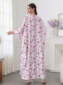 Al Najma 2025春夏新款中东阿拉伯风格休闲土耳其印花连衣裙，简约长袍 - 粉色 - 查看 2