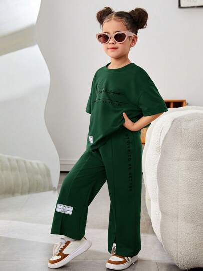 Young Girl Casual Matching Mother-Daughterl Summer Slogan Print Dropped Shoulder T-Shirt And Casual Pants 2pcs/Set, Casual Outfits Tracksuit 2 Pieces Lounge Set, Suitable For Walking/Sports/Back To School & Everyday Casual Wear, Casual Outfit, Great For Casual & Daily Wear & School Daily In Spring And Autumn, Mom And Daughter Matching, Sister And Me Matching.