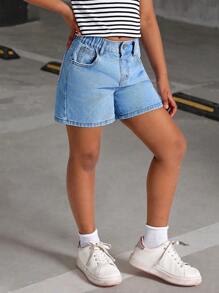 Tween Girls' Bow Embroidered Patch Pockets Casual Fashion Denim Shorts, School, Campus, College