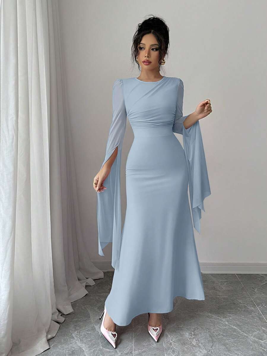 Elenzga Đầm dài tay cổ tròn xếp ly màu trơn thanh lịch cho nữ - Màu xanh lam - Xem 1
