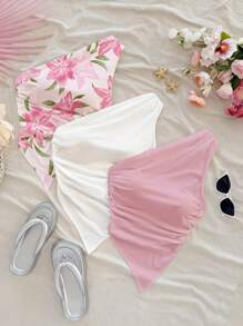 Soleia 3pcs/Set Casual Simple Floral Print & Solid Color White/Pink Women Top, Suitable For Summer Suitable For Going Out