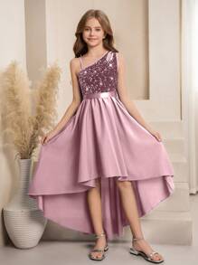SHEIN Flower Girl High-End Sequin One Shoulder Cutout A-Line Uneven Hem Mid-Length Dress, Suitable For Weddings, Formal Events, Birthday Parties - Pink - View 5