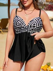 Swim Lushoire Große Größen Damen Neuer Bedruckter & einfarbiger 2 Stücke Tankini Badeanzug, verstellbare Träger, Push-Up-Unterbügel, Kreuzvorderseite, figurschmeichelnder hochgeschnittener Unterteil, elegant und modisch für Lässig Resort, Strand-Schwimmen - Verschiedenfarbig - Übersicht 4