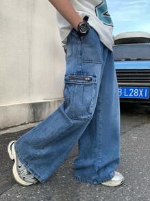 SHEIN 青少年男童时尚休闲Y2K蓝色牛仔工装口袋拉链宽松牛仔裤，适合儿童日常穿着，柔软舒适，也适合儿童春夏穿着。 - 彩色 - 查看 5