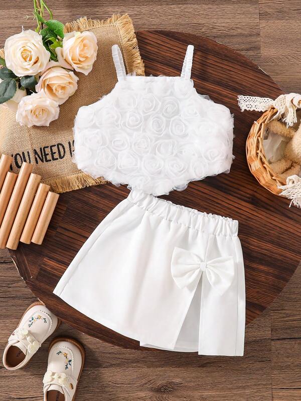 Baby Girl Minimalist White Rose Mesh Top, White Bow Decor White Skort Set, Summer