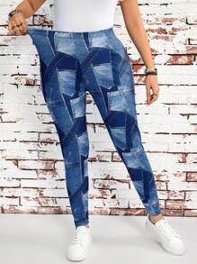 SHEIN LUNE 女式大码牛仔效果印花休闲紧身裤