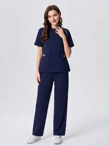 Scrubzie 2pcs Women Contrast Color Multi-Pocket Short Sleeve Top And Long Pants Uniform Set - Navy Blue - View 6