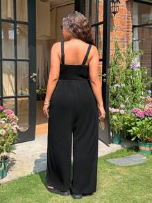 SHEIN EZwear 大码女式纯色阔腿休闲无袖连体裤，夏季 - 黑色 - 查看 2