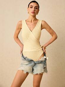 SHEIN Frenchy Summer Vacation Wedding Women's V-Neck Jacquard Grain Pleated Bodysuit, Essential, Summer Outfit, Wedding Season Essential, Cottagecore