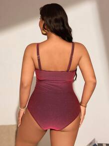 Swim Lushoire Plus Size Women Conservative Hollow-Out Ruched One-Piece Swimsuit, High-Stretch Special Fabric, Suitable For Beach & Pool For Summer Beach Vacation - Red - View 2