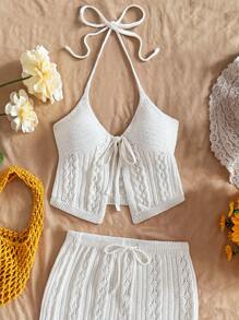 SHEIN WYWH Conjunto de cárdigan de punto beige para mujer con cuello anudado y cinturón en la cintura, top ajustado y falda mini en forma de A, adecuado para vacaciones, fiestas, San Valentín, combinación de capas, citas