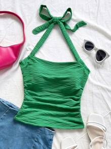 Soleia Damen grünes strukturiertes Strick Tanktop mit Rückenteil, geeignet für den Urlaub