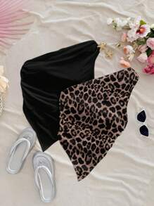 Soleia Set de 2 tops cortos con cuello asimétrico y bajo asimétrico con estampado de leopardo, adecuado para vacaciones/estilo de resort - Multicolor - Ver 5
