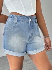 SHEIN Tween Girls' Casual Light Blue Straight Leg Rolled Hem Simple Versatile Washed Denim Shorts